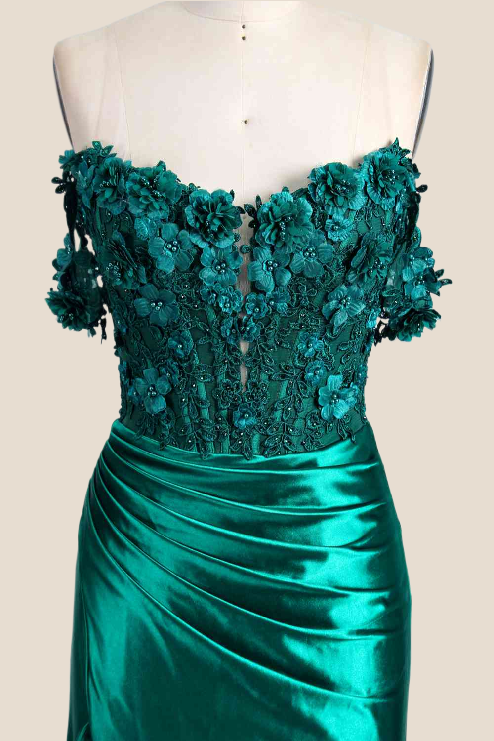 Off the Shoulder Floral Appliques Ruched Mermaid Formal Dress