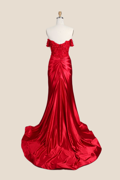 Off the Shoulder Floral Appliques Ruched Mermaid Formal Dress