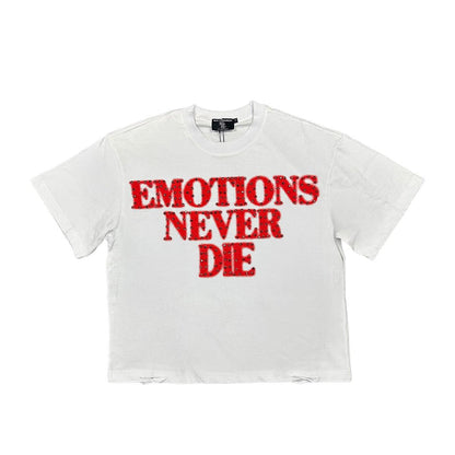 White Mixed Emotion 'End' short sleeve rhinestone shirt with mixed emotion graphic design, casual stylish top for women.