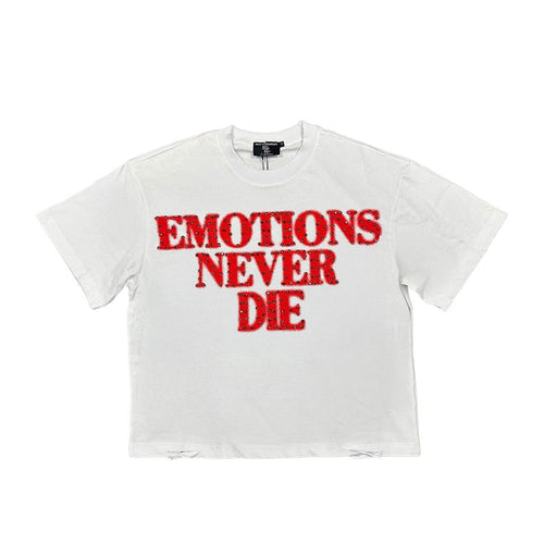 White Mixed Emotion 'End' short sleeve rhinestone shirt with mixed emotion graphic design, casual stylish top for women.
