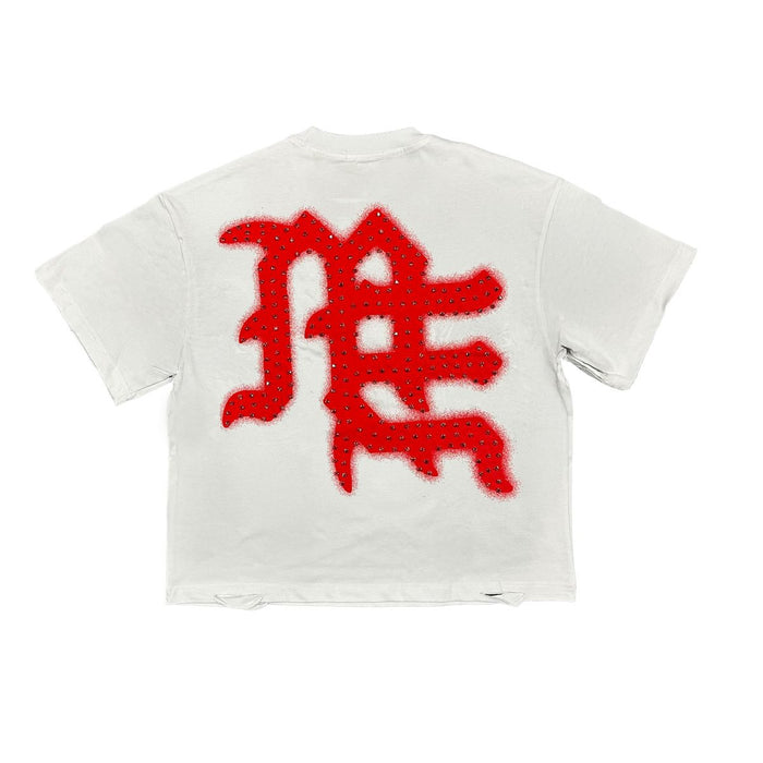 White Mixed Emotion 'End' short-sleeve rhinestone shirt with mixed emotion graphic design and decorative embellishments.