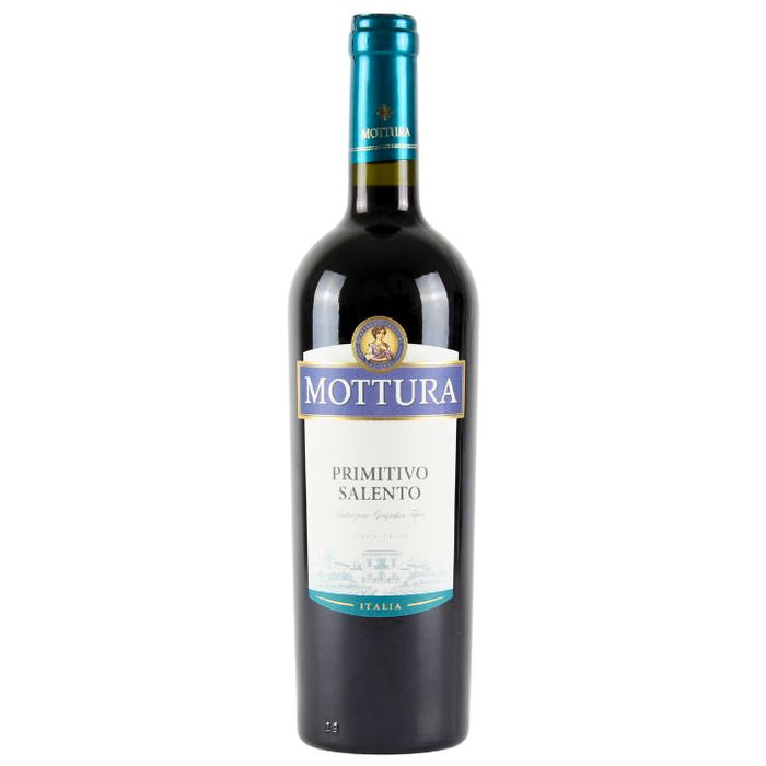 Mottura Primitivo Salento wine bottle on a white background