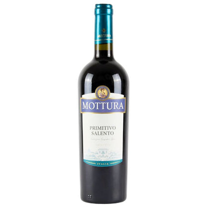 Mottura Primitivo Salento wine bottle on a white background