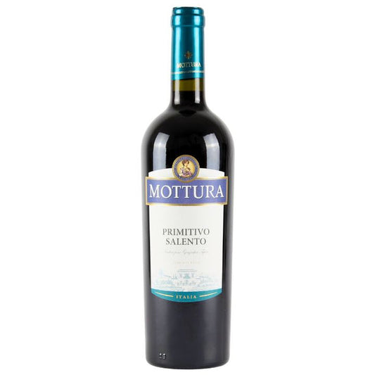Mottura Primitivo Salento wine bottle on a white background