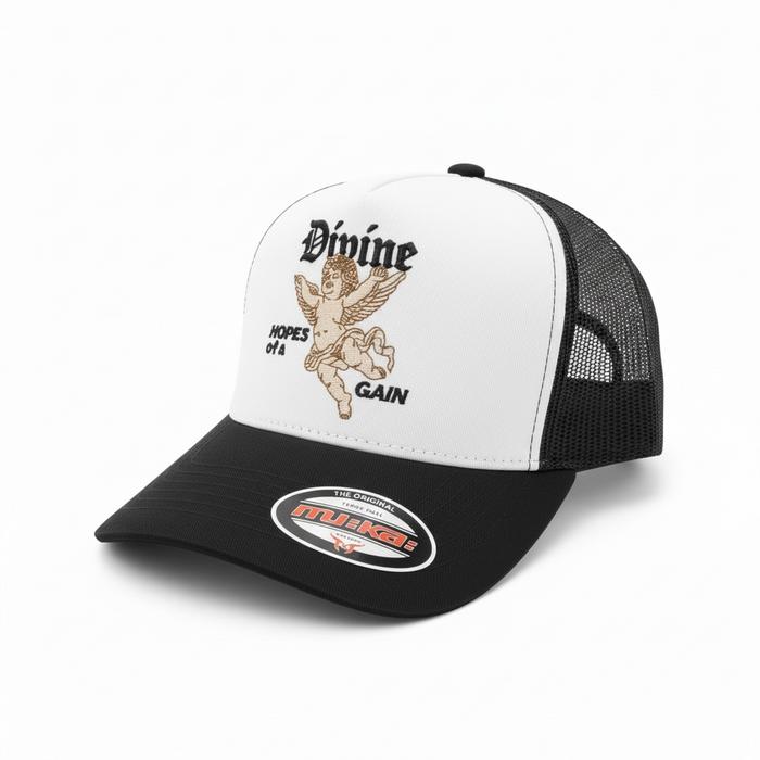 White and black MUKA Divine trucker hat with mesh back and curved brim, casual accessories for everyday style.