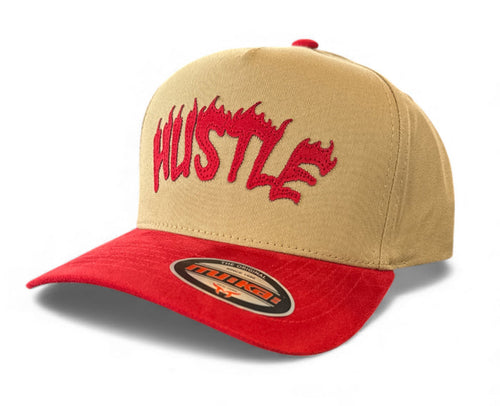 MUKA Hustle snapback hat in khaki and red with adjustable strap, featuring the brand logo on the front.