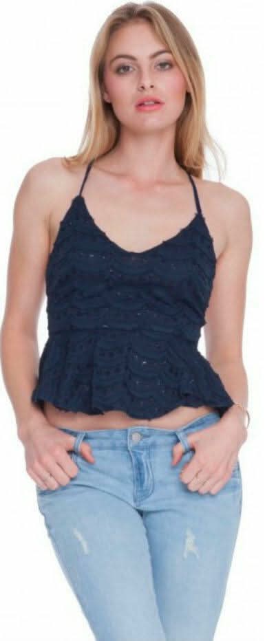 Emma Eyelash Navy Peplum Cami Top