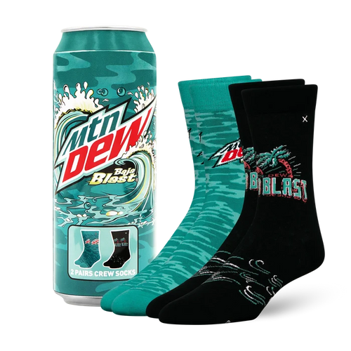 ODD SOX Mountain Dew Baja Blast socks 2-pack featuring vibrant green and blue patterns, casual wear for fans of colorful socks.
