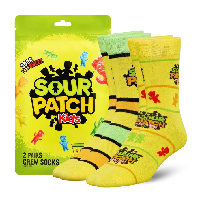 Pair of ODD SOX Sour Patch socks in a 2-pack featuring colorful candy-inspired design, made from soft, comfortable fabric.