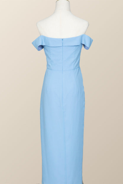 Off the Shoulder Blue Draped Midi Bridesmaid Dress