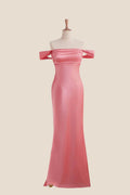 Off the Shoulder Coral Soft Satin Fitted Dress