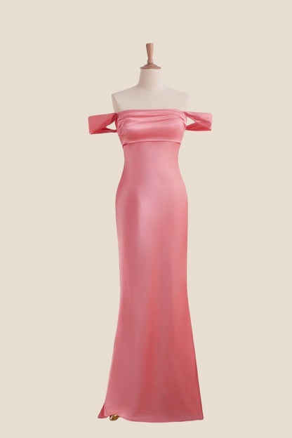 Off the Shoulder Coral Soft Satin Fitted Dress