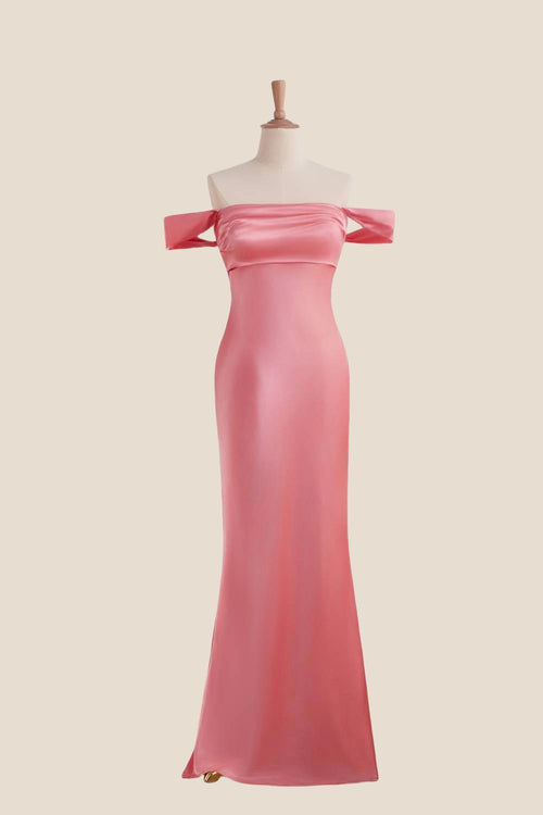 Off the Shoulder Coral Soft Satin Fitted Dress