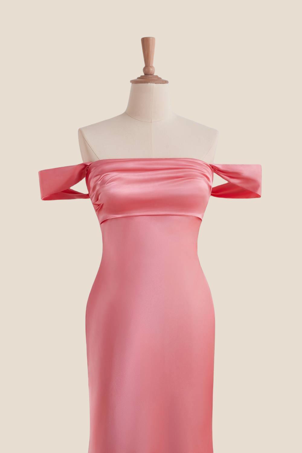 Off the Shoulder Coral Soft Satin Fitted Dress