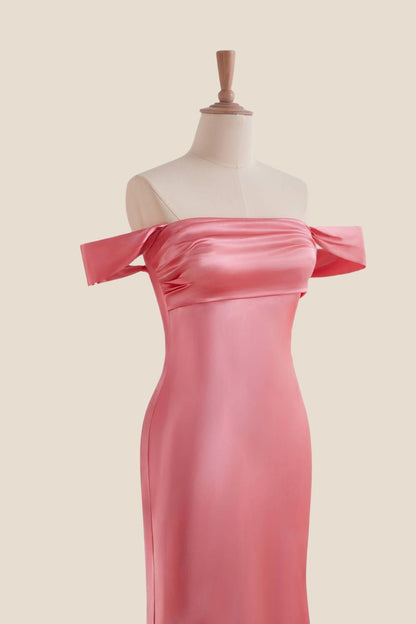 Off the Shoulder Coral Soft Satin Fitted Dress