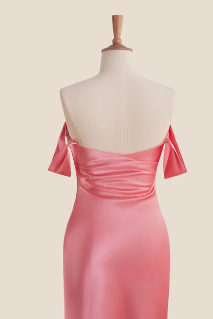 Off the Shoulder Coral Soft Satin Fitted Dress