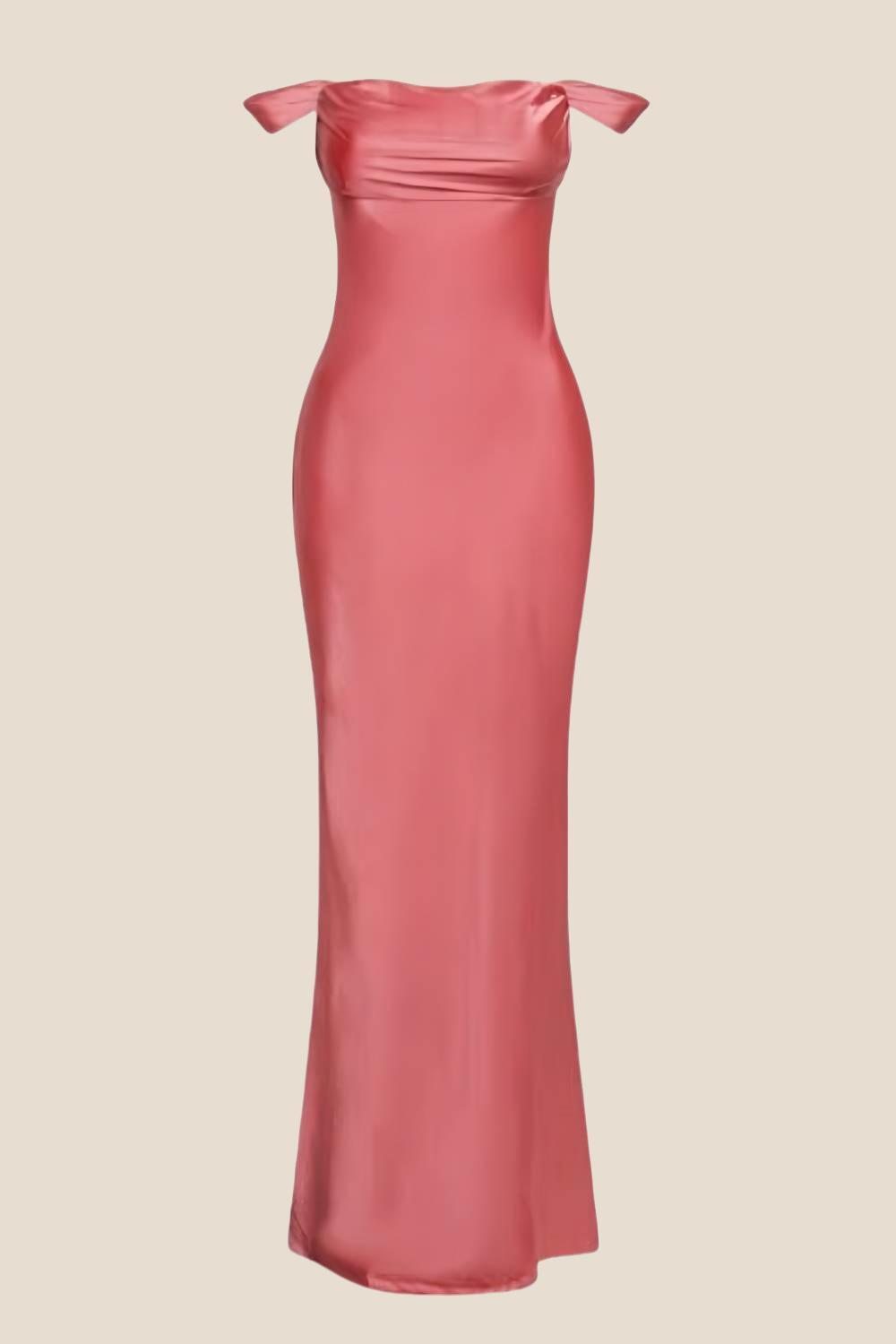 Off the Shoulder Navy Soft Satin Fitted Dress