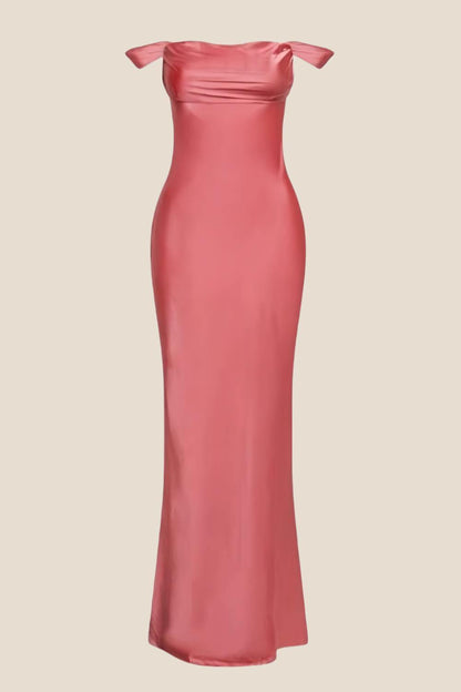 Off the Shoulder Navy Soft Satin Fitted Dress