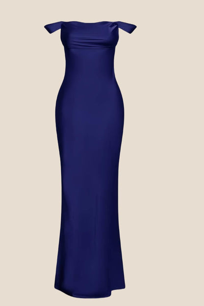 Off the Shoulder Navy Soft Satin Fitted Dress