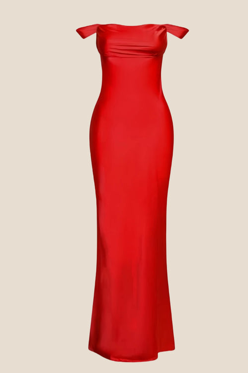 Off the Shoulder Red Soft Satin Long Dress