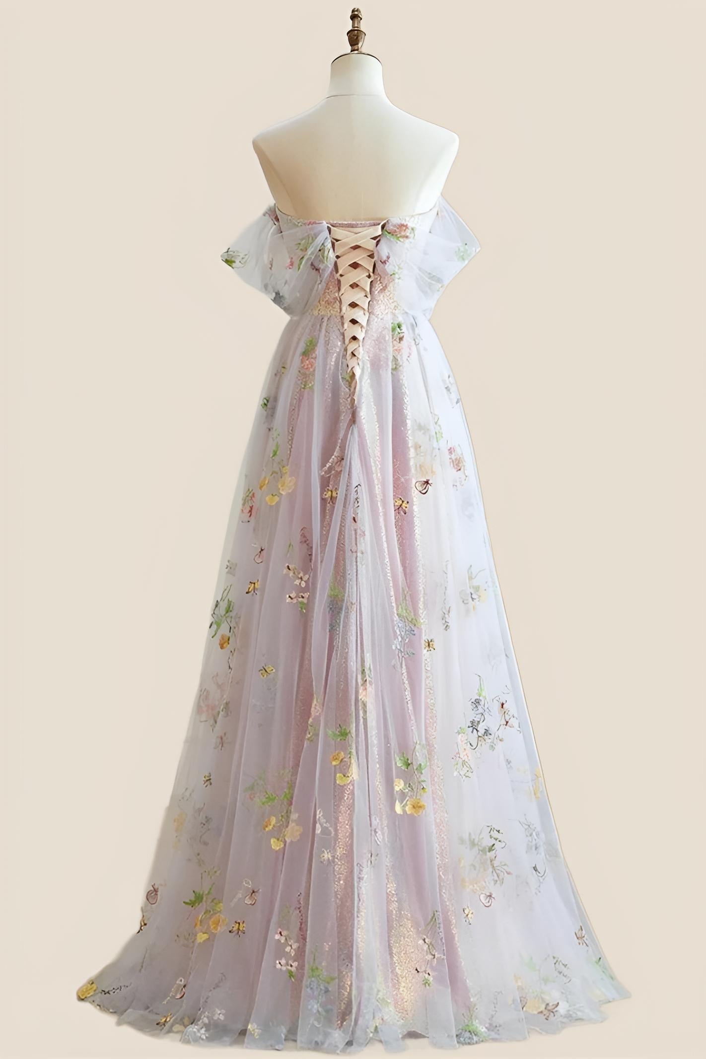Off the Shoulder Pink Floral Tulle Princess Dress