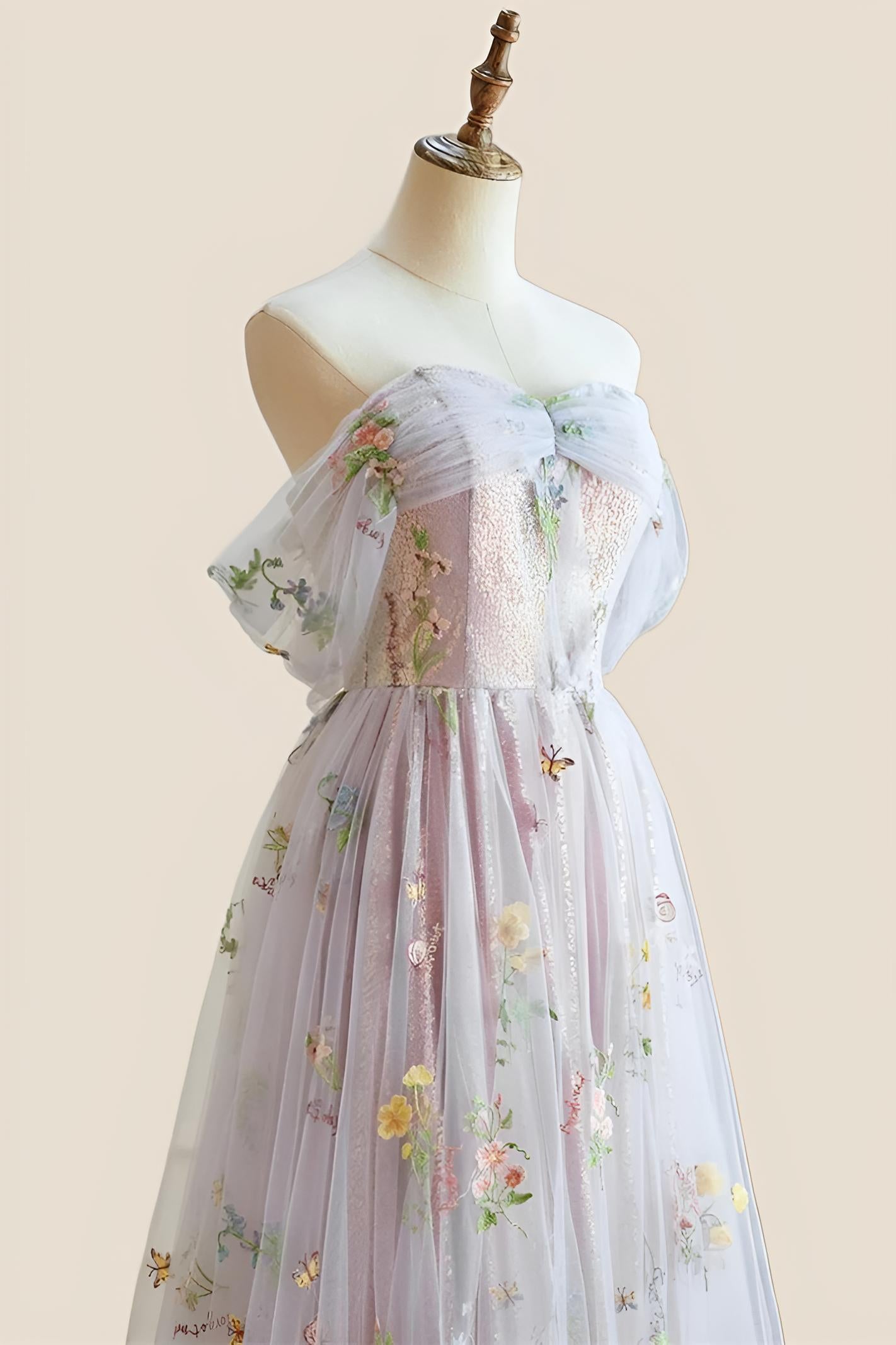 Off the Shoulder Pink Floral Tulle Princess Dress