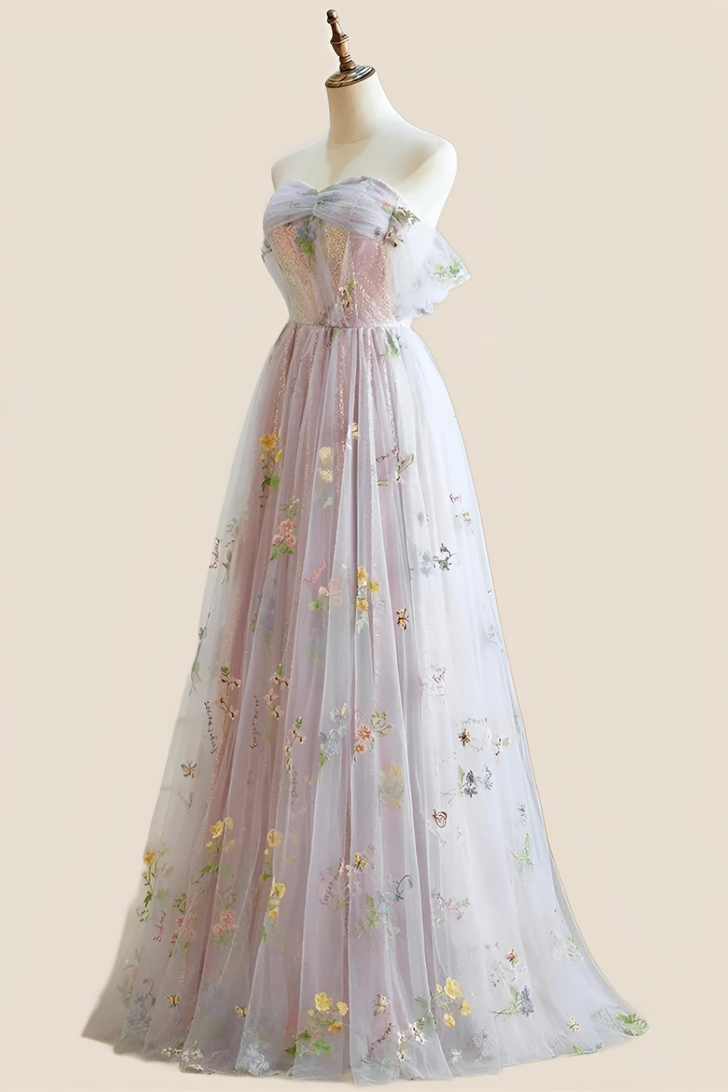 Off the Shoulder Pink Floral Tulle Princess Dress