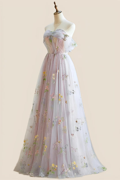 Off the Shoulder Pink Floral Tulle Princess Dress