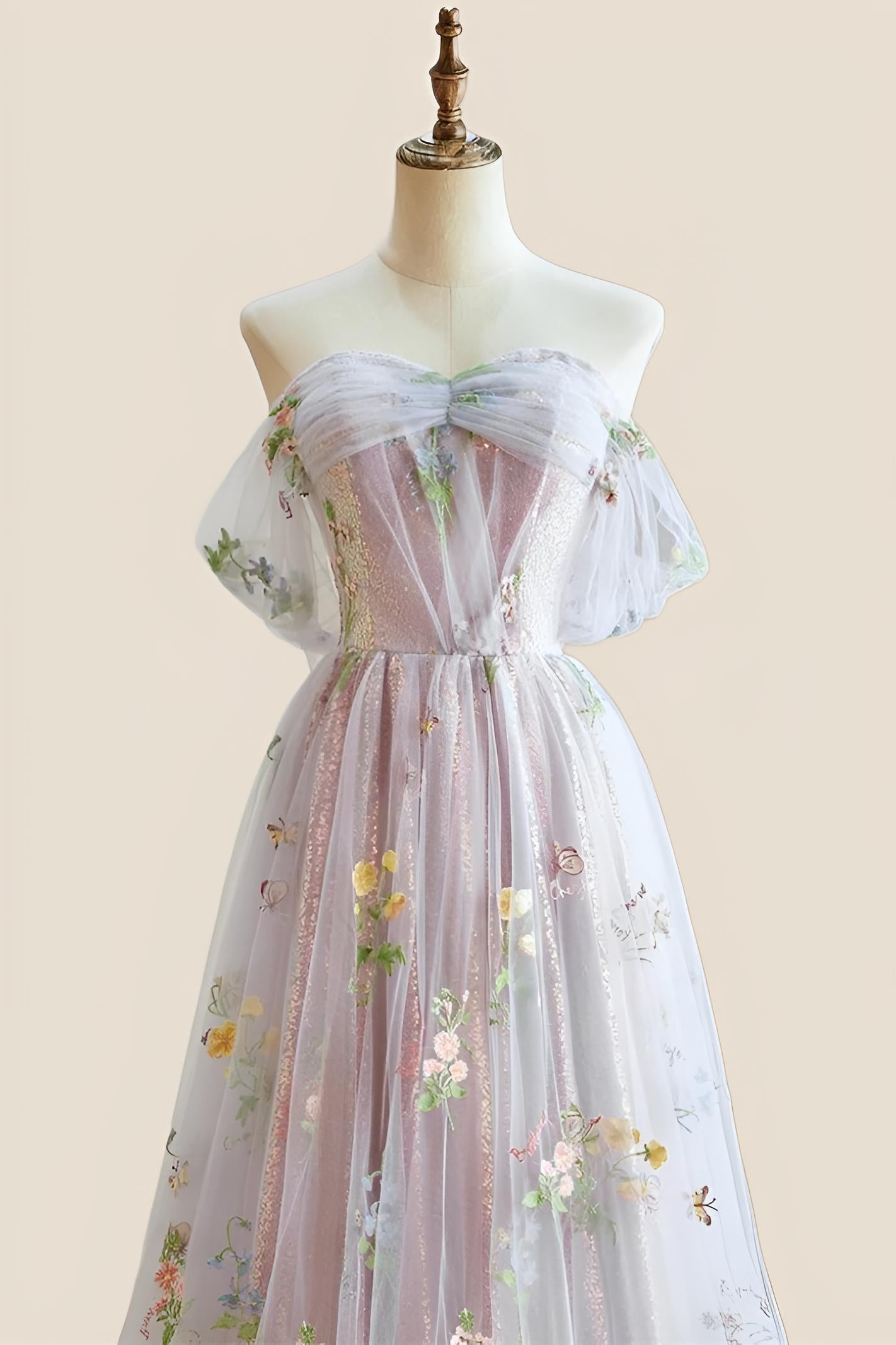 Off the Shoulder Pink Floral Tulle Princess Dress