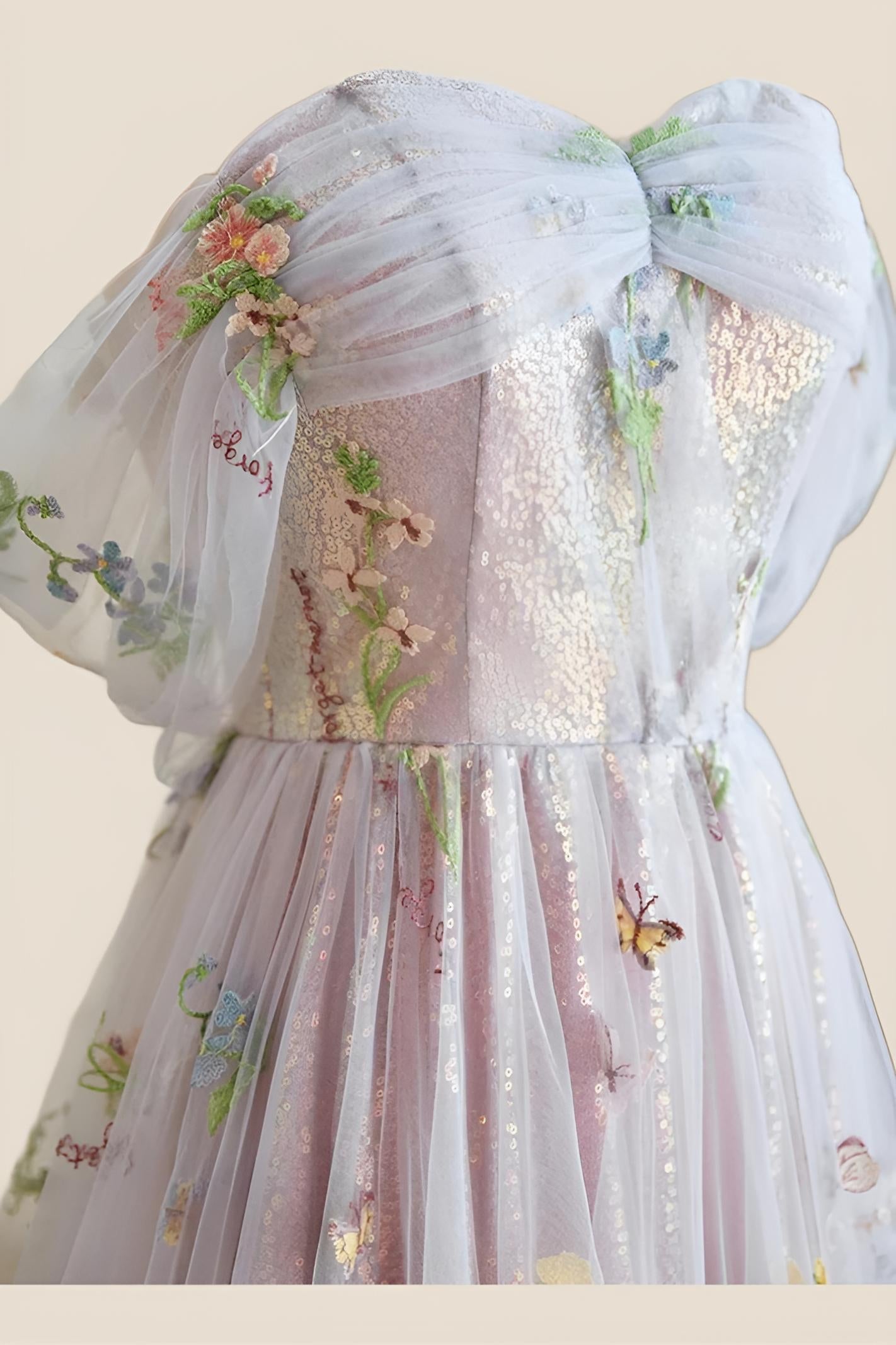 Off the Shoulder Pink Floral Tulle Princess Dress