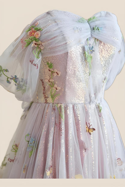 Off the Shoulder Pink Floral Tulle Princess Dress