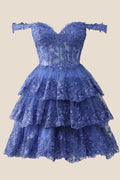 Navy Lace Appliques Ruffle A-line Dress