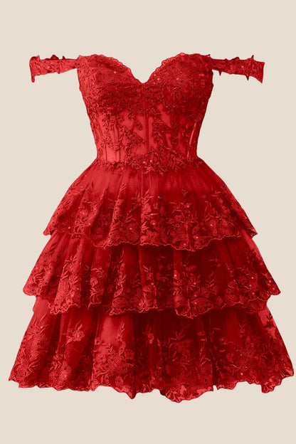 Navy Lace Appliques Ruffle A-line Dress