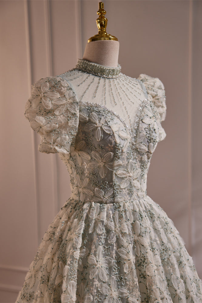 Beaded High Neck 3D Lace Light Green Party Dress