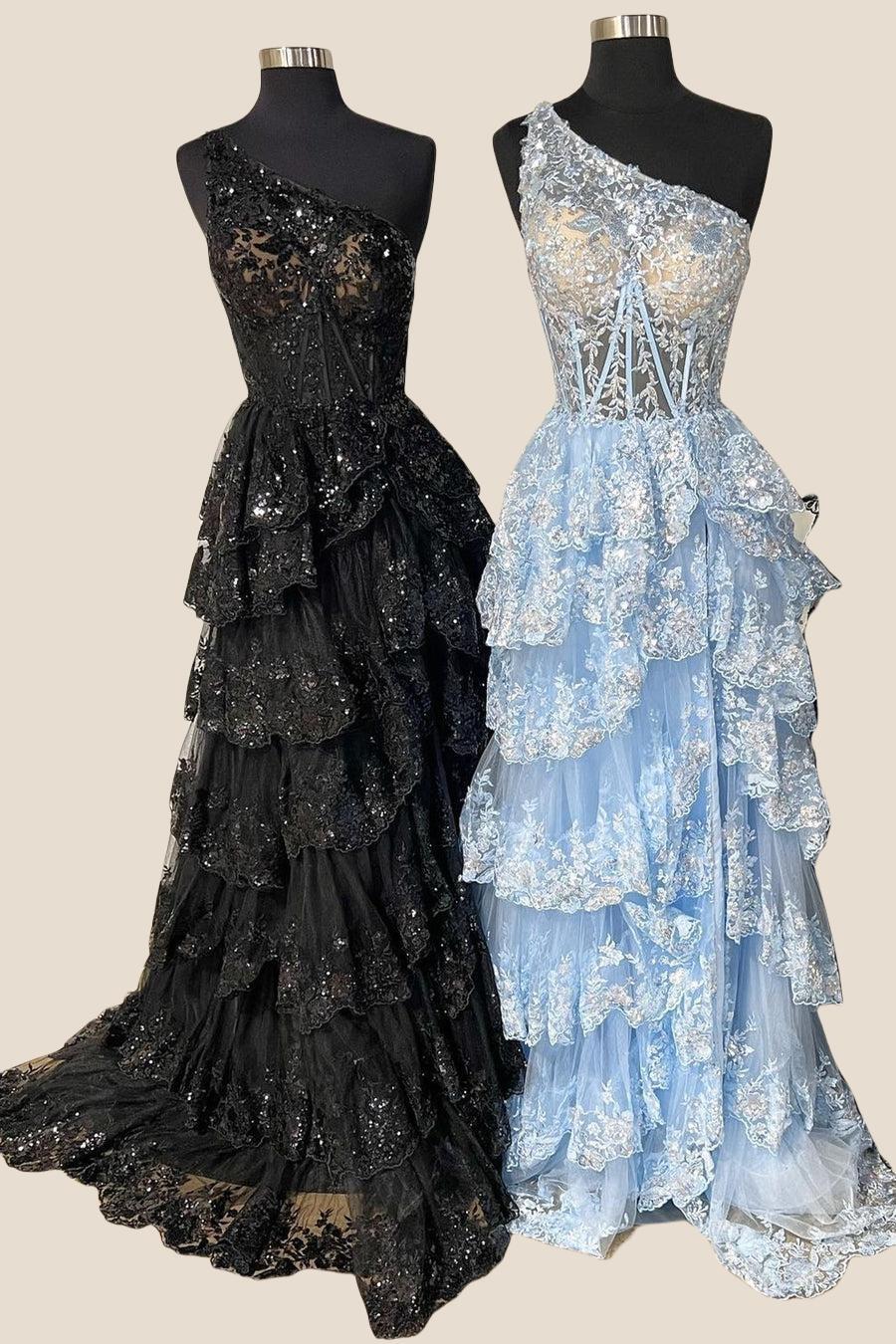 One Shoulder Navy Blue Appliques Ruffles Long Formal Dress
