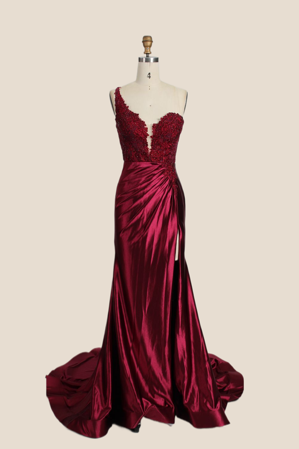 One Shoulder Red Appliques Ruched Mermaid Formal Dress