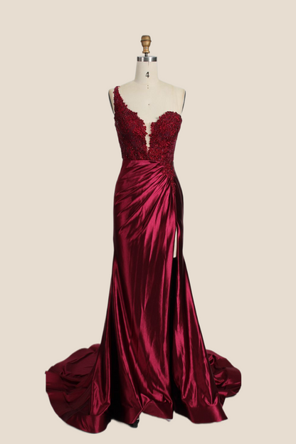 One Shoulder Red Appliques Ruched Mermaid Formal Dress