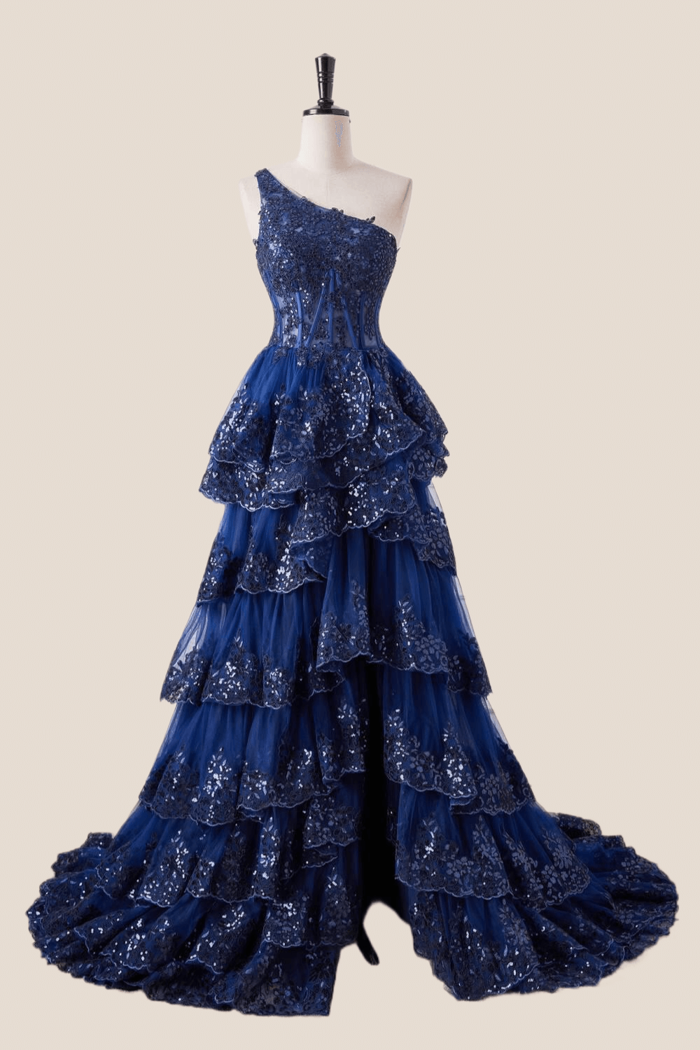 One Shoulder Navy Blue Appliques Ruffles Long Formal Dress