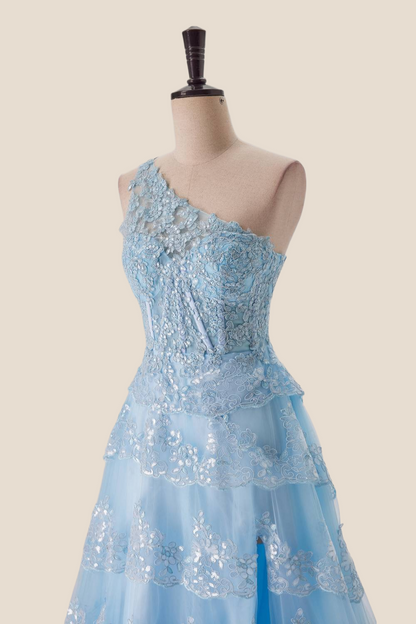 One Shoulder Navy Blue Appliques Ruffle Formal Dress