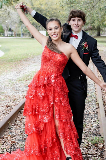 One Shoulder Navy Blue Appliques Ruffles Long Formal Dress