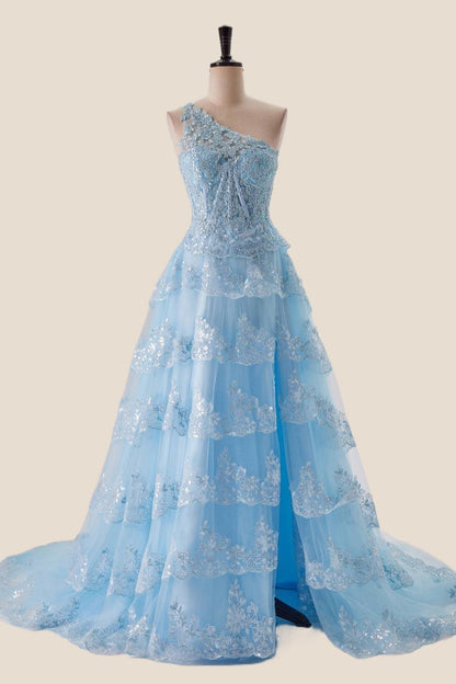One Shoulder Navy Blue Appliques Ruffle Formal Dress
