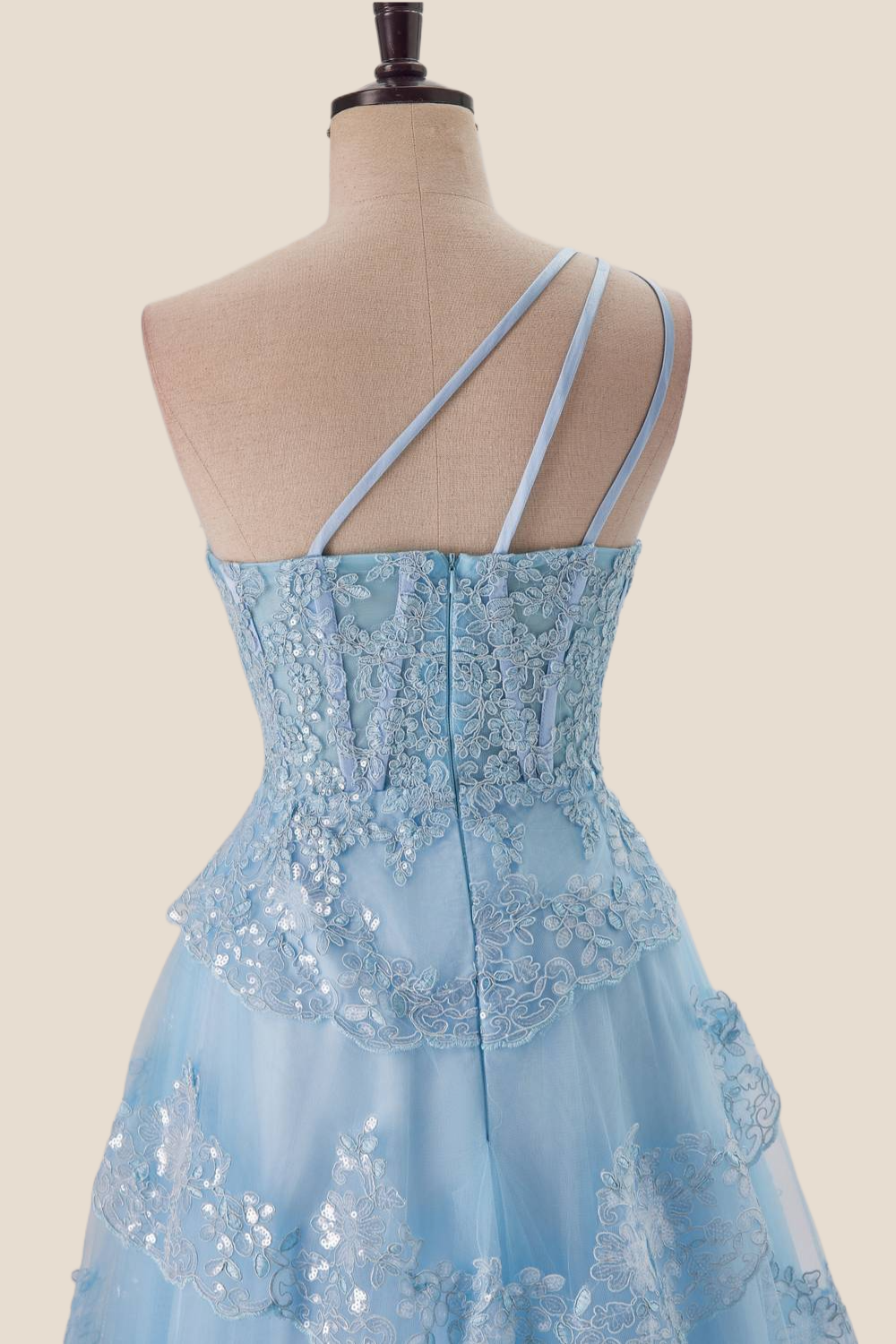 One Shoulder Navy Blue Appliques Ruffle Formal Dress