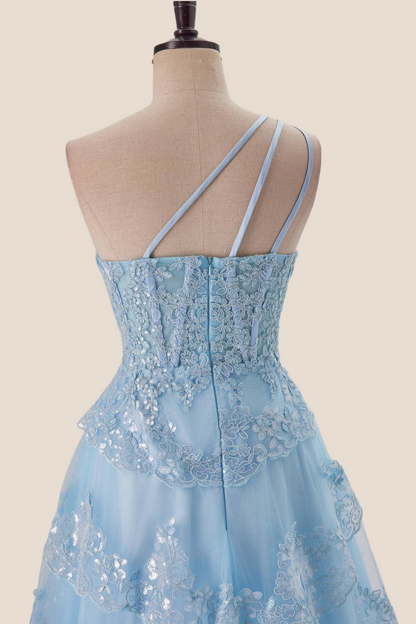 One Shoulder Navy Blue Appliques Ruffle Formal Dress