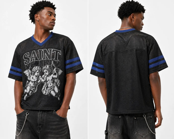 Black Papercut Saint cropped jersey T-shirt with graphic design, short sleeves, and relaxed fit.