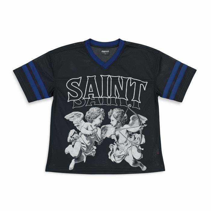 Black Papercut Saint cropped jersey T-shirt with a relaxed fit, featuring subtle branding and a comfortable, casual style.
