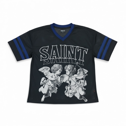Black Papercut Saint cropped jersey T-shirt with a relaxed fit, featuring subtle branding and a comfortable, casual style.