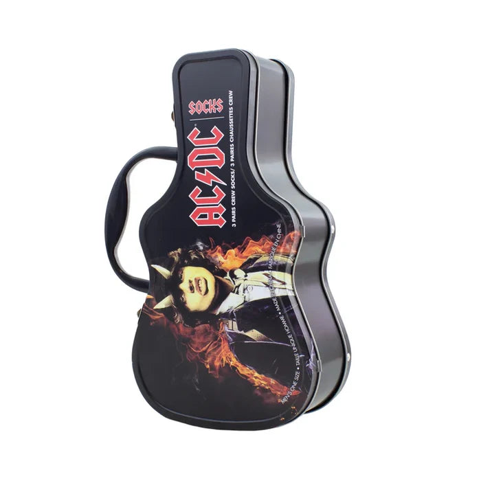Set of three Perri's 'AC/DC' guitar-themed socks, featuring rock band logos and iconic guitar designs, in colorful packaging.