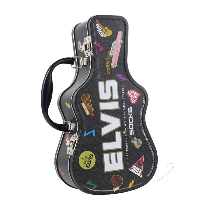 Three pairs of Perri's Elvis-themed guitar tin sock box socks, featuring musical design and comfortable cotton fabric.