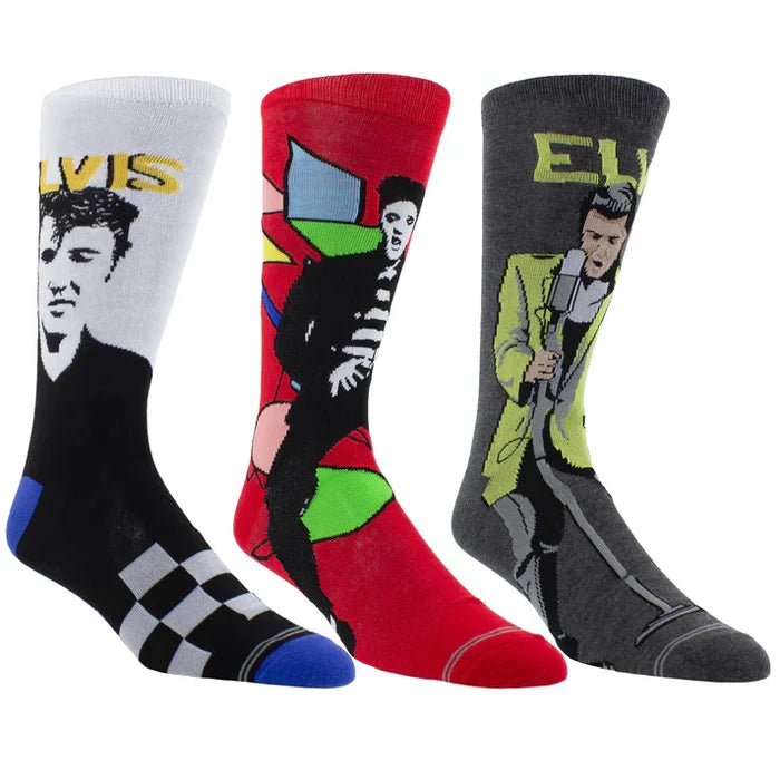 Perri's Elvis guitar-themed sock box with three pairs of colorful socks featuring guitar and musical designs.
