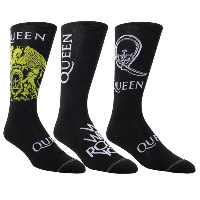 Perri's Queen guitar-themed tin sock box with three pairs of colorful socks, featuring musical note designs and vibrant patterns.